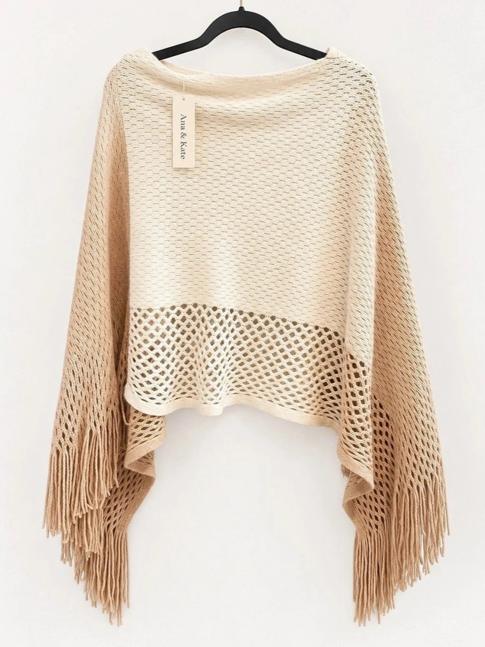 Ana & Kate One Size Cream Beige Open Knit Fringe Poncho Shawl Boho Crochet Cap